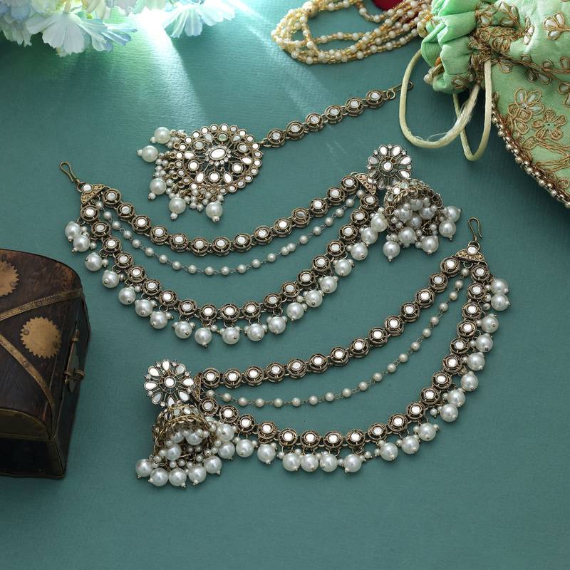 White color mirror kundan earrings tikka set
