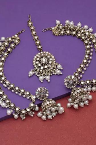 White color mirror kundan earrings tikka set