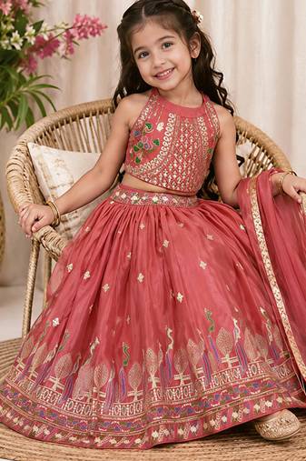 Kids girls pink embroidered silk lehenga choli set with dupatta