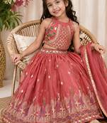 Kids girls pink embroidered silk lehenga choli set with dupatta