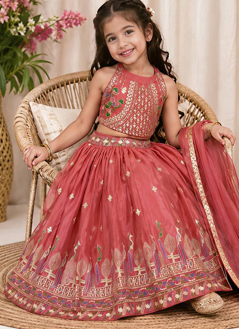 Kids girls pink embroidered silk lehenga choli set with dupatta
