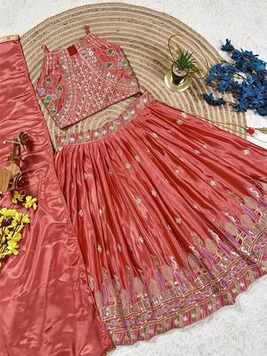 Kids girls pink embroidered silk lehenga choli set with dupatta 2