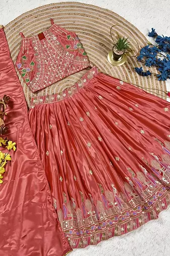 Kids girls pink embroidered silk lehenga choli set with dupatta
