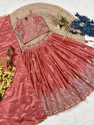Kids girls pink embroidered silk lehenga choli set with dupatta 3