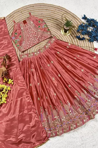 Kids girls pink embroidered silk lehenga choli set with dupatta