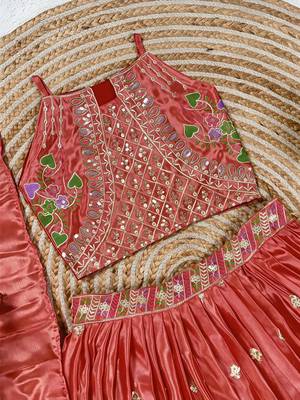 Kids girls pink embroidered silk lehenga choli set with dupatta 4