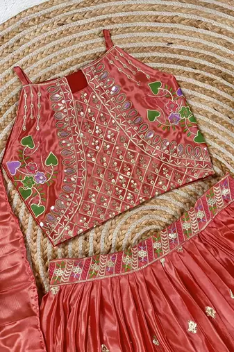 Kids girls pink embroidered silk lehenga choli set with dupatta