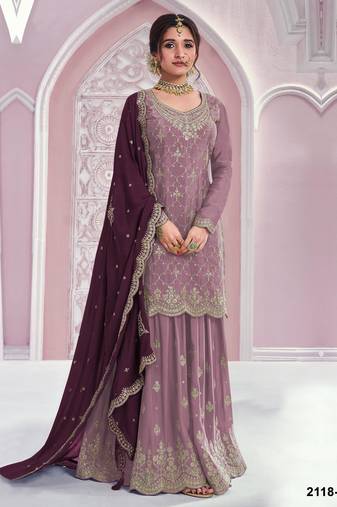 Purple chinon embroidered sequin salwar suit