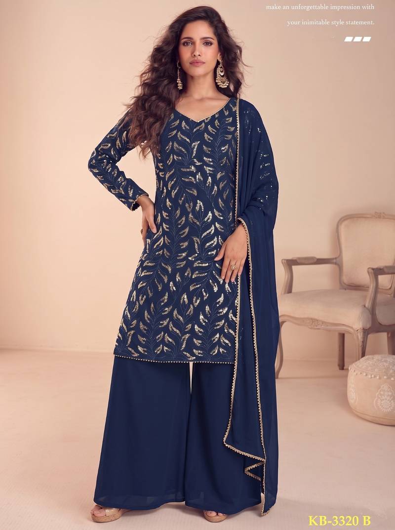 Navy georgette embroidered sequin sharara suit - free size