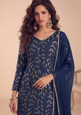Navy georgette embroidered sequin sharara suit - free size 2