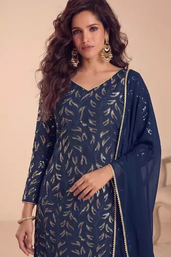 Navy georgette embroidered sequin sharara suit - free size