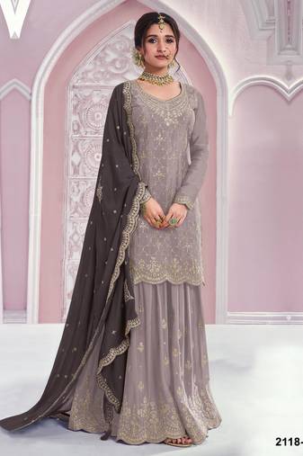 Grey chinon embroidered sequin salwar suit