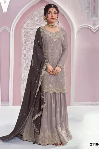 Grey chinon embroidered sequin salwar suit