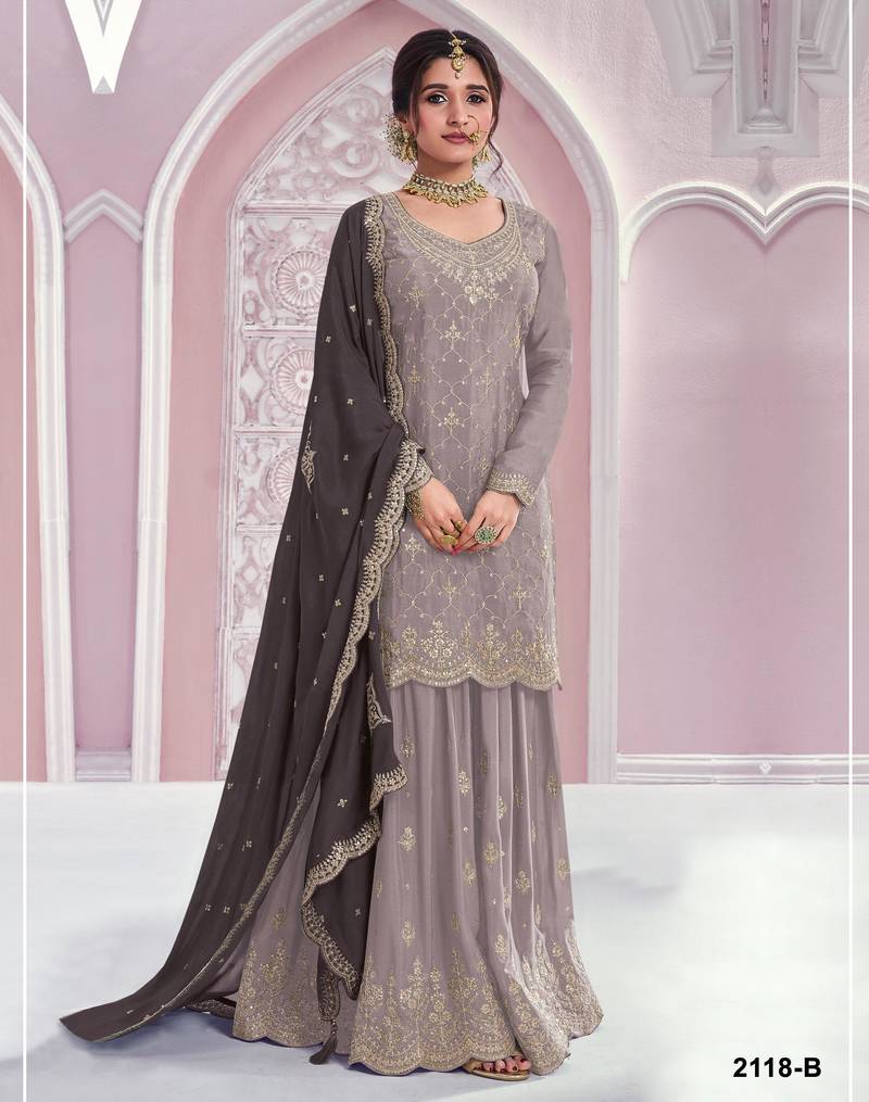 Grey chinon embroidered sequin salwar suit