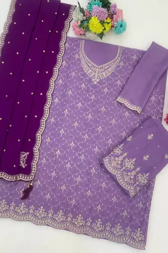 Lavender chinon embroidered sequin salwar suit