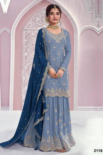 Blue chinon embroidered sequin salwar suit
