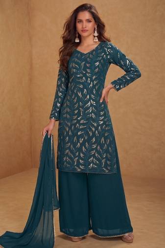 green georgette embroidered sequin sharara suit - free size