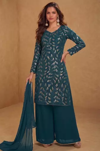 green georgette embroidered sequin sharara suit - free size
