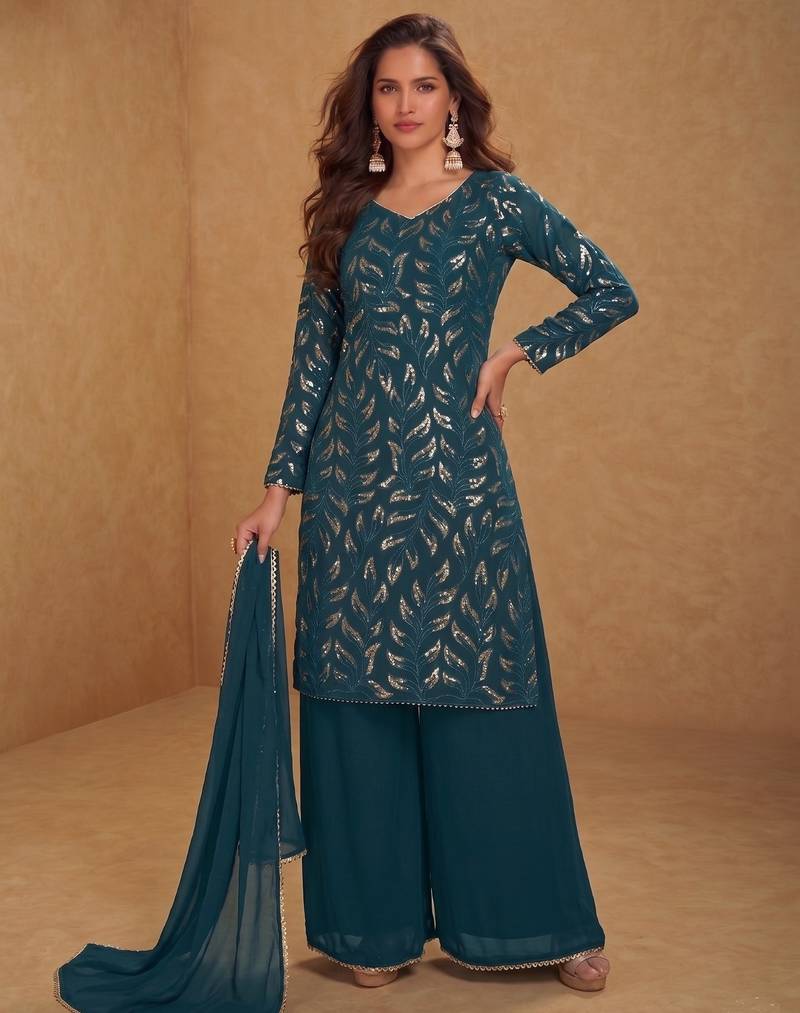 green georgette embroidered sequin sharara suit - free size