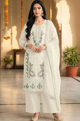 White chiffon embroidered sequin salwar suit