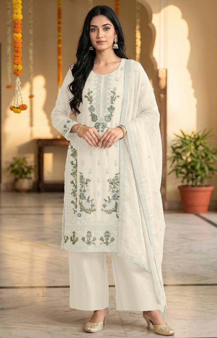 White chiffon embroidered sequin salwar suit