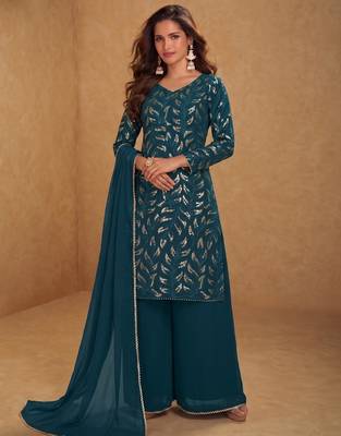 green georgette embroidered sequin sharara suit - free size 2