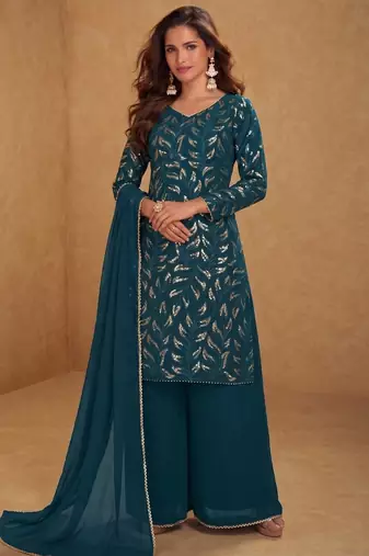green georgette embroidered sequin sharara suit - free size
