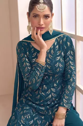 green georgette embroidered sequin sharara suit - free size