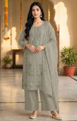 Grey chiffon embroidered sequin salwar suit 1