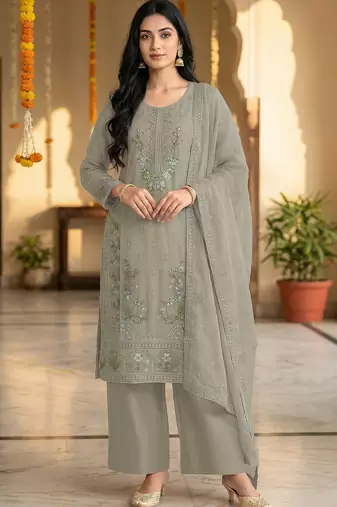 Grey chiffon embroidered sequin salwar suit