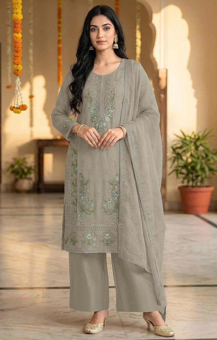 Grey chiffon embroidered sequin salwar suit