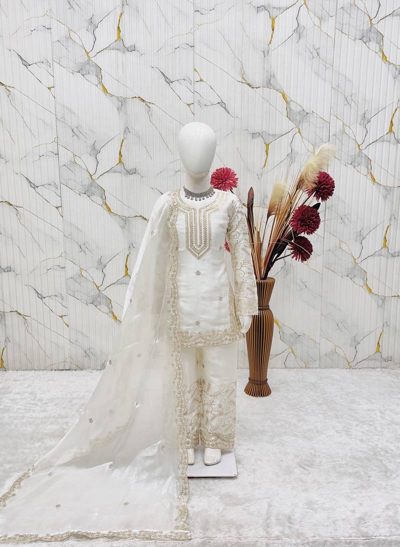 Gmy silk embroidery white readymade salwar suit