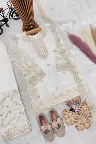 Gmy silk embroidery white readymade salwar suit