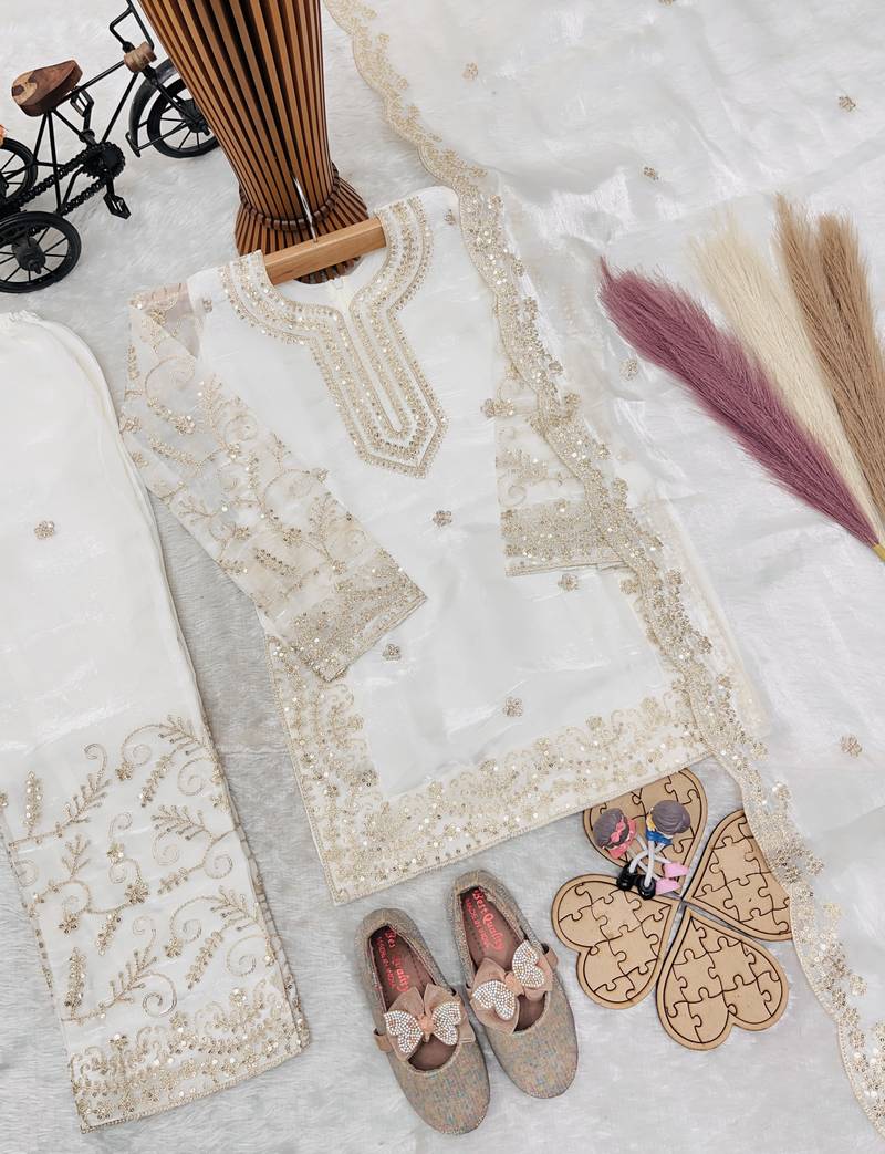 Gmy silk embroidery white readymade salwar suit