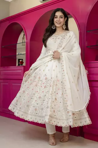 Cream faux georgette  party wear embroidery  suit set