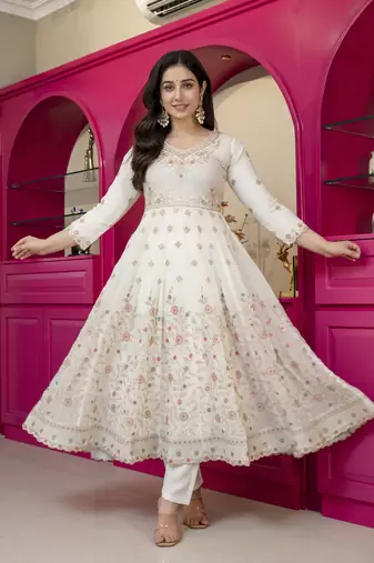 Cream faux georgette  party wear embroidery  suit set