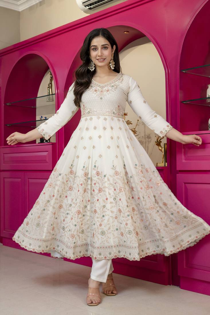 Cream faux georgette  party wear embroidery  suit set
