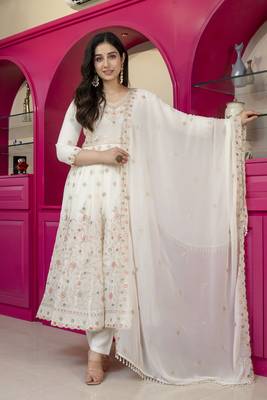 Cream faux georgette  party wear embroidery  suit set 3