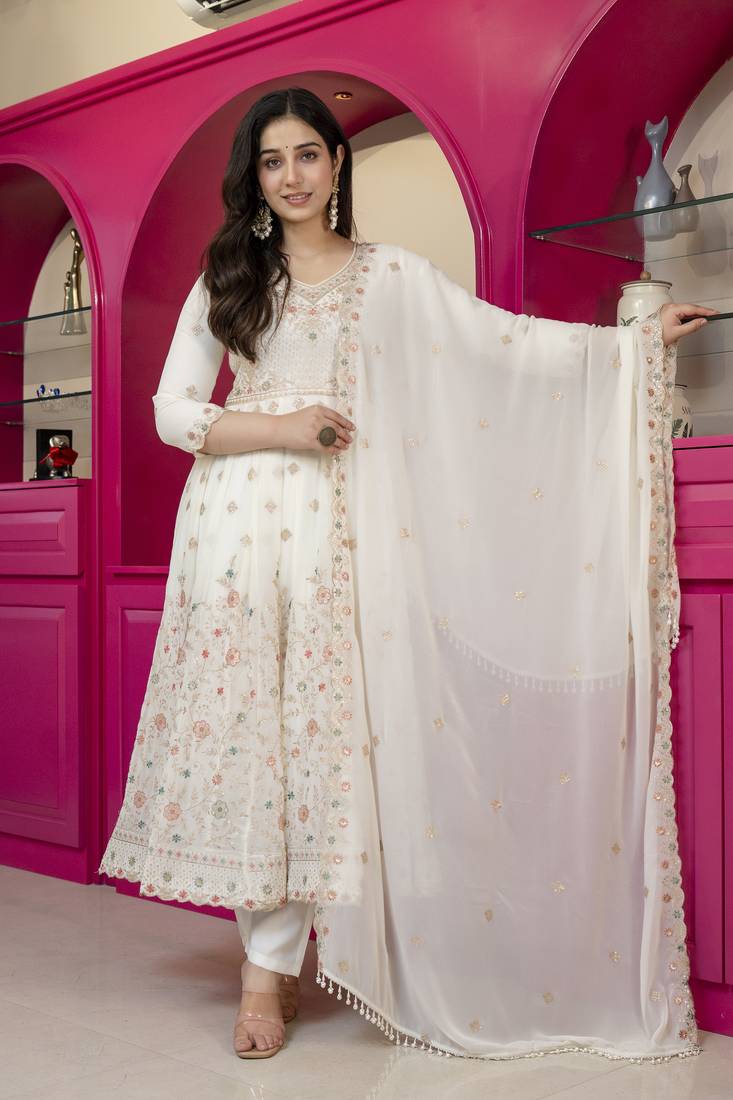 Cream faux georgette  party wear embroidery  suit set