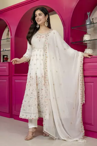 Cream faux georgette  party wear embroidery  suit set
