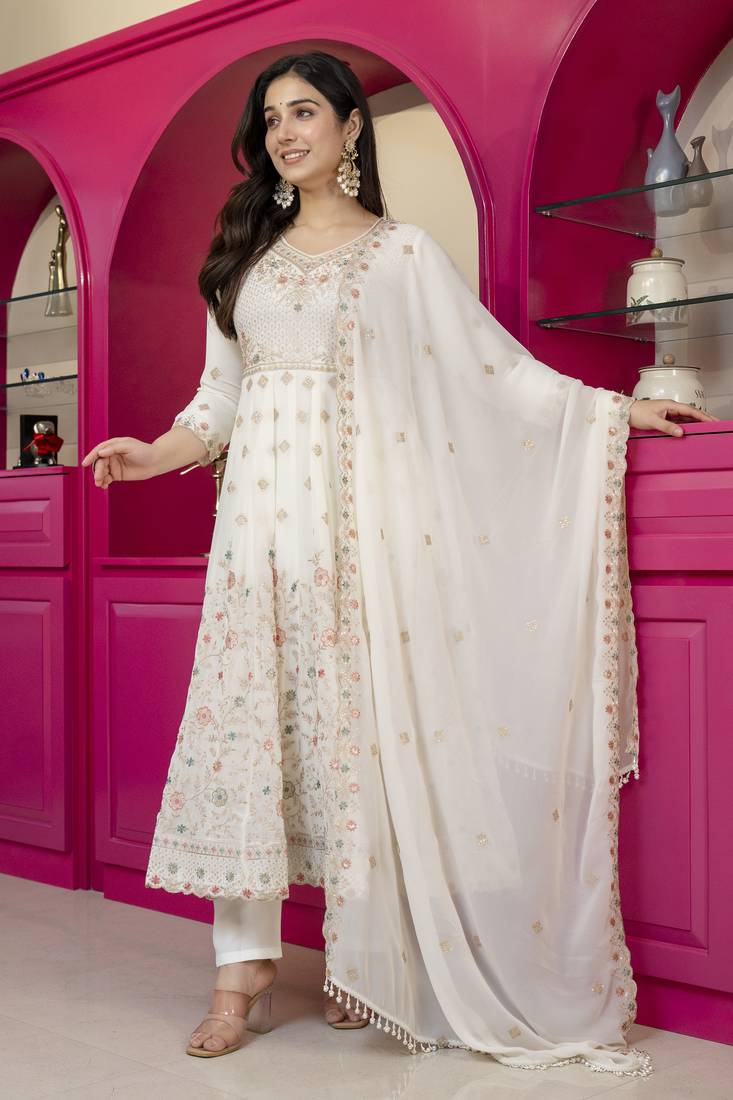Cream faux georgette  party wear embroidery  suit set