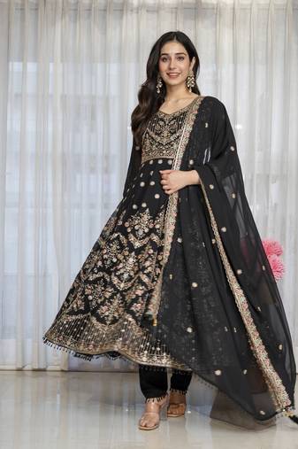 Black faux georgette  party wear embroidery  suit set