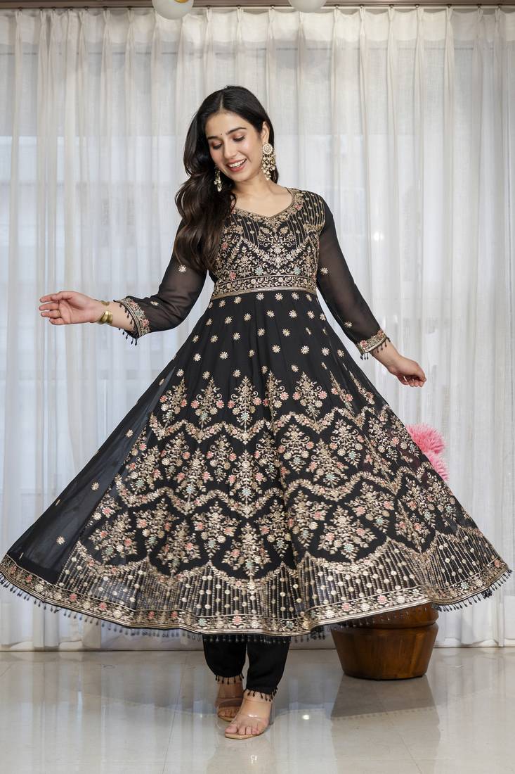 Black faux georgette  party wear embroidery  suit set