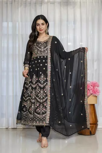 Black faux georgette  party wear embroidery  suit set