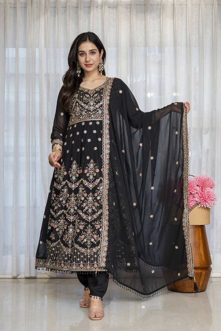 Black faux georgette  party wear embroidery  suit set