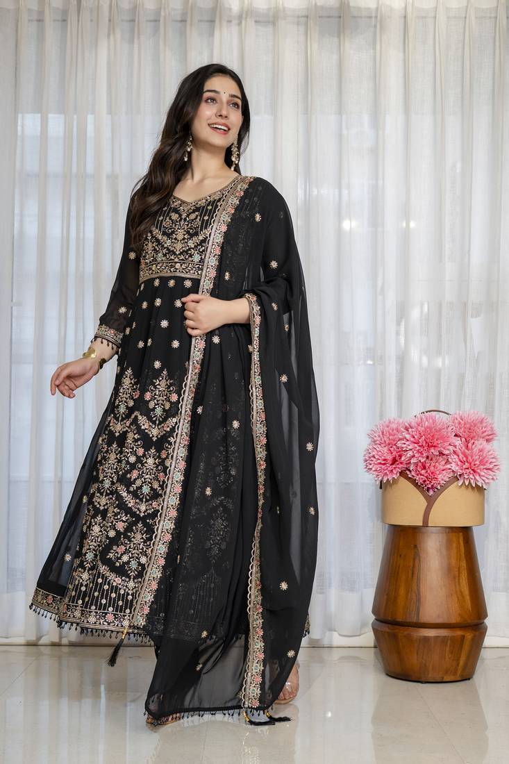 Black faux georgette  party wear embroidery  suit set