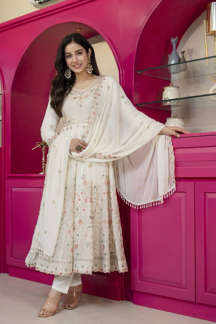 Cream faux georgette  party wear embroidery  suit set