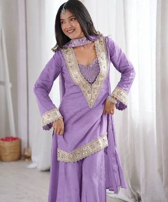 Purple georgette palazzo suit with real mirror embroidery 1