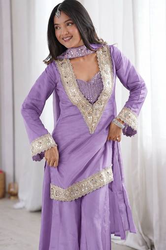 Purple georgette palazzo suit with real mirror embroidery