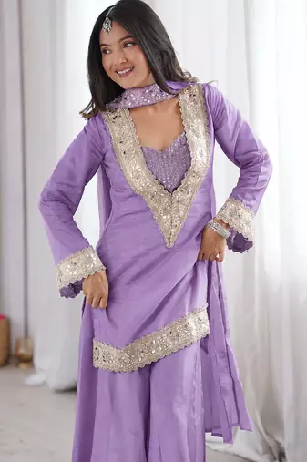 Purple georgette palazzo suit with real mirror embroidery